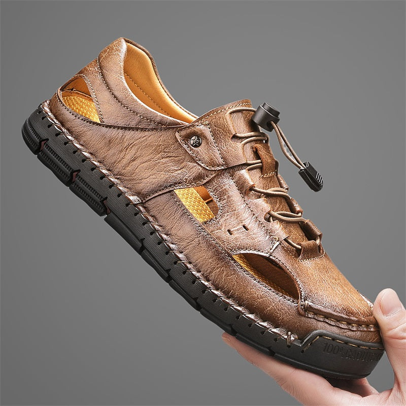 Men's Genuine Leather Sandals - Lace-Up, Slip-Resistant, Wide Toe Box with Arch Support