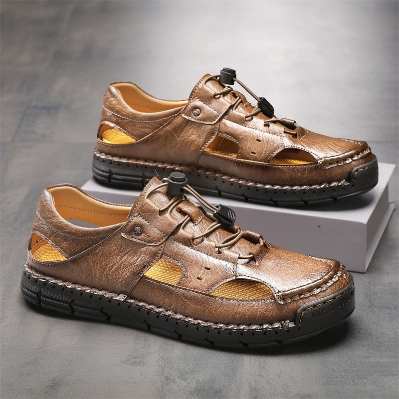 Men's Genuine Leather Sandals - Lace-Up, Slip-Resistant, Wide Toe Box with Arch Support