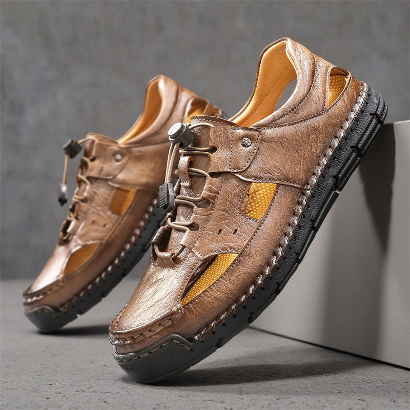 Men's Genuine Leather Sandals - Lace-Up, Slip-Resistant, Wide Toe Box with Arch Support