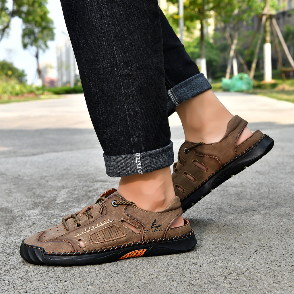 Men's Genuine Leather Sandals - Lace-Up, Maximum Support, Wide Toe Box with Arch Support