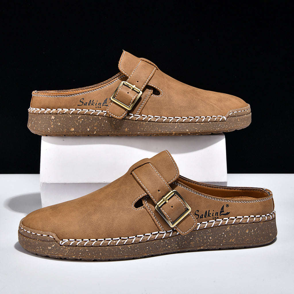 Men's Genuine Leather Sandals - Slip-On, Breathable, Wide Toe Box with Arch Support