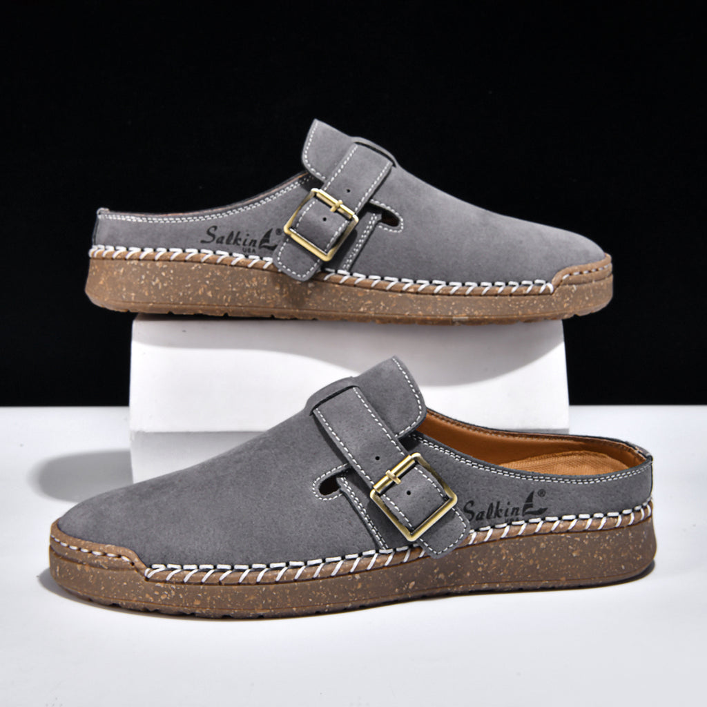 Men's Genuine Leather Sandals - Slip-On, Breathable, Wide Toe Box with Arch Support
