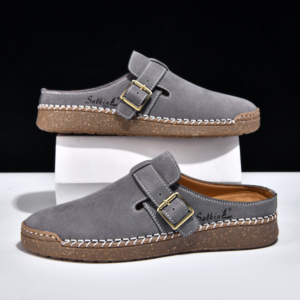 Men's Genuine Leather Sandals - Slip-On, Breathable, Wide Toe Box with Arch Support