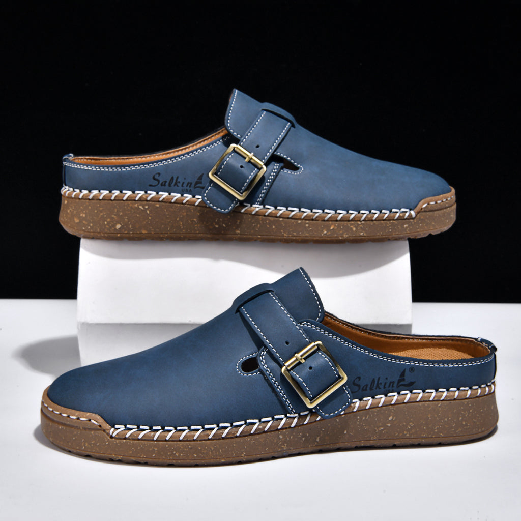 Men's Genuine Leather Sandals - Slip-On, Breathable, Wide Toe Box with Arch Support