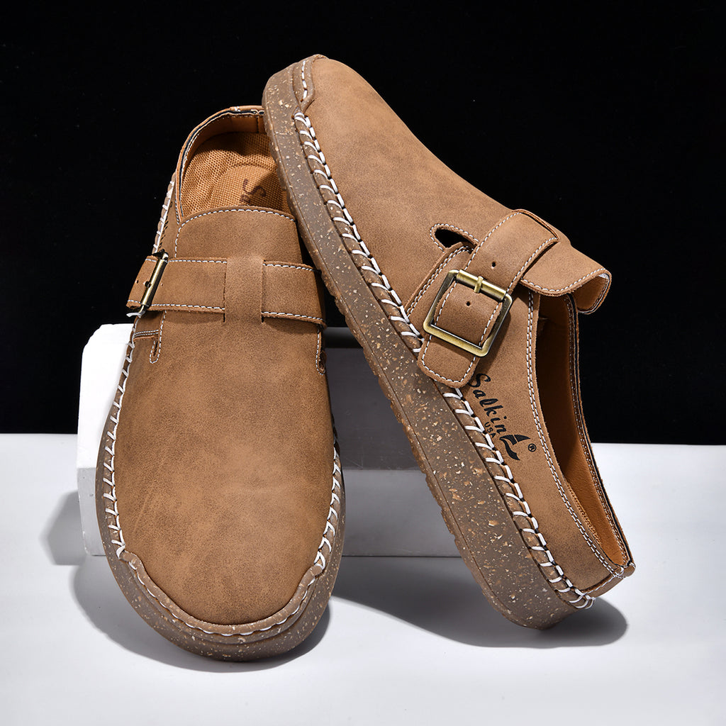 Men's Genuine Leather Sandals - Slip-On, Breathable, Wide Toe Box with Arch Support