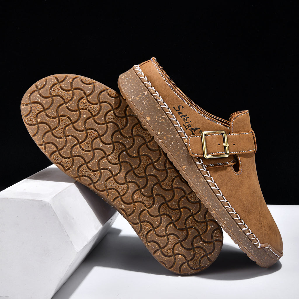 Men's Genuine Leather Sandals - Slip-On, Breathable, Wide Toe Box with Arch Support