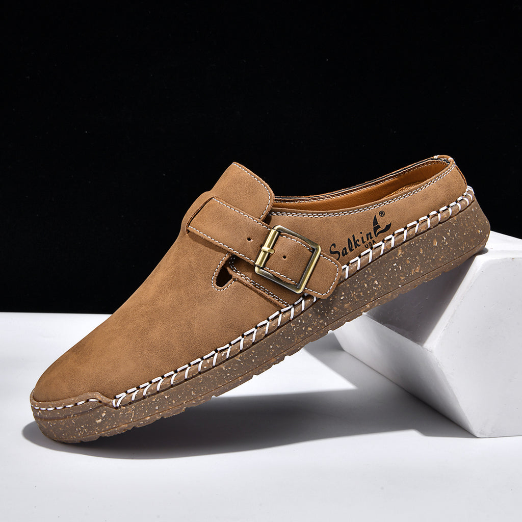 Men's Genuine Leather Sandals - Slip-On, Breathable, Wide Toe Box with Arch Support