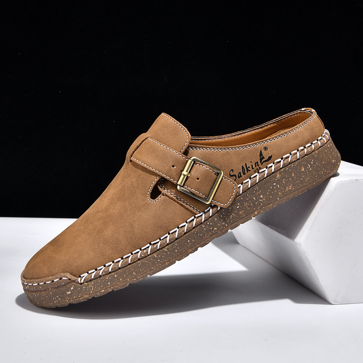 Men's Genuine Leather Sandals - Slip-On, Breathable, Wide Toe Box with Arch Support
