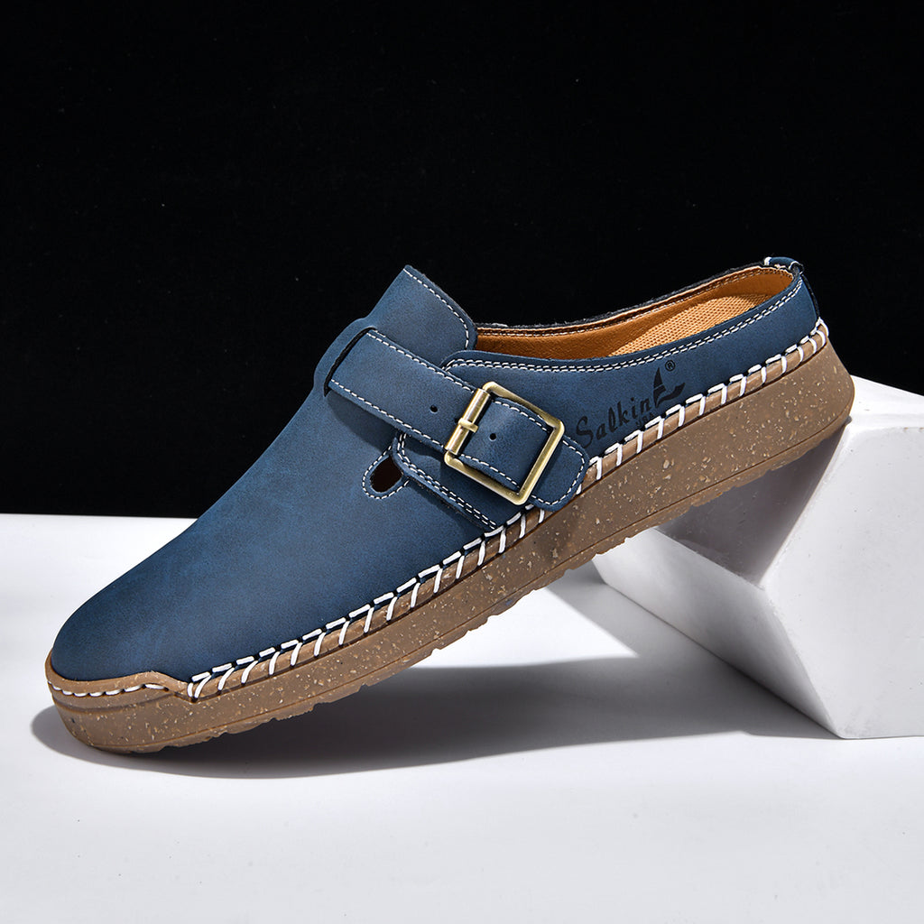 Men's Genuine Leather Sandals - Slip-On, Breathable, Wide Toe Box with Arch Support