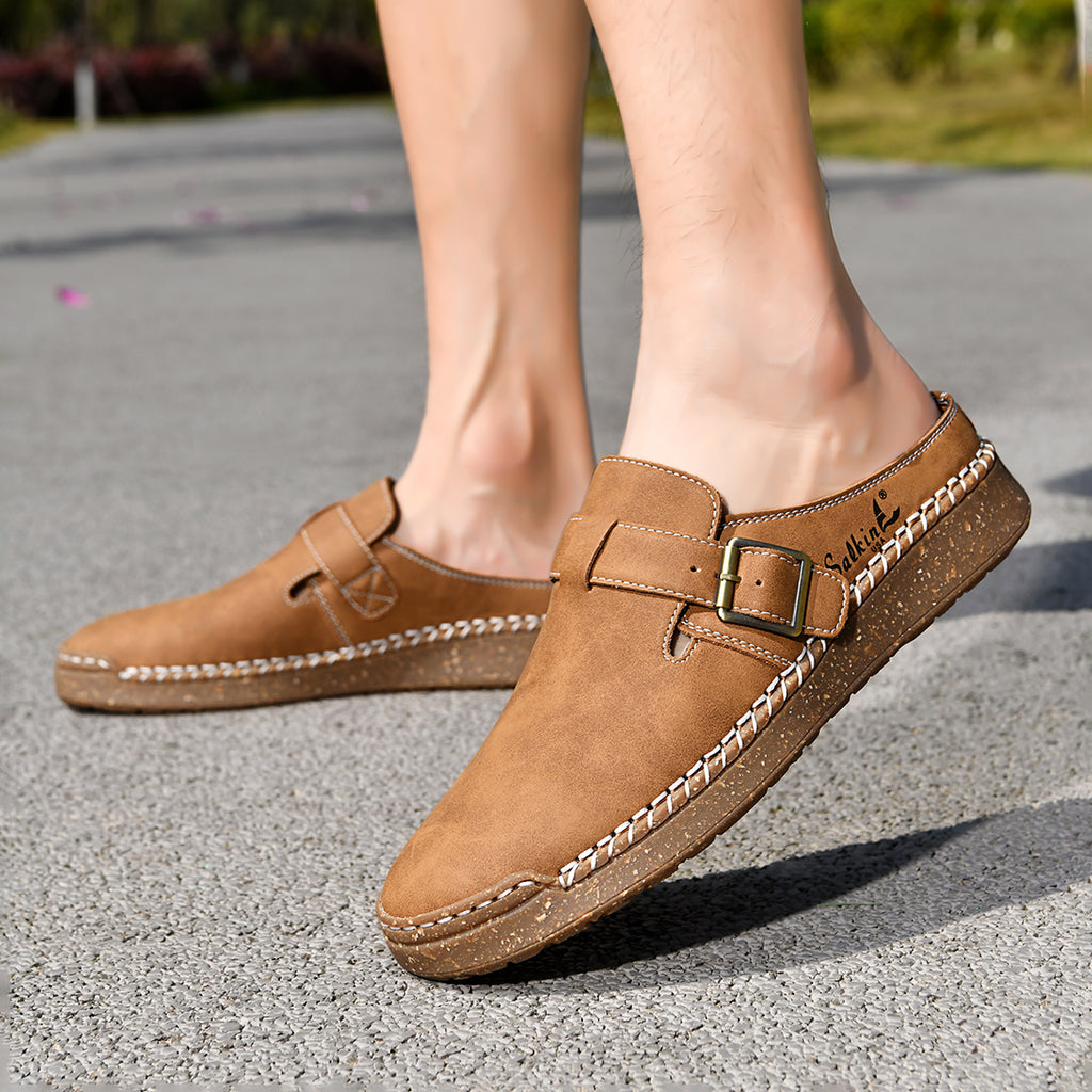 Men's Genuine Leather Sandals - Slip-On, Breathable, Wide Toe Box with Arch Support