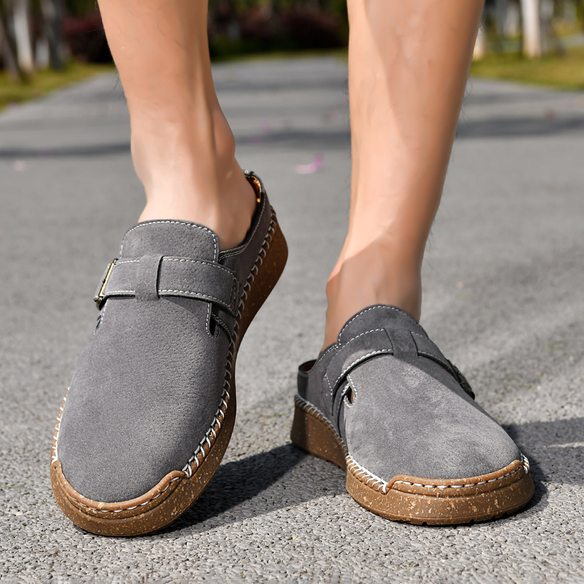 Men's Genuine Leather Sandals - Slip-On, Breathable, Wide Toe Box with Arch Support