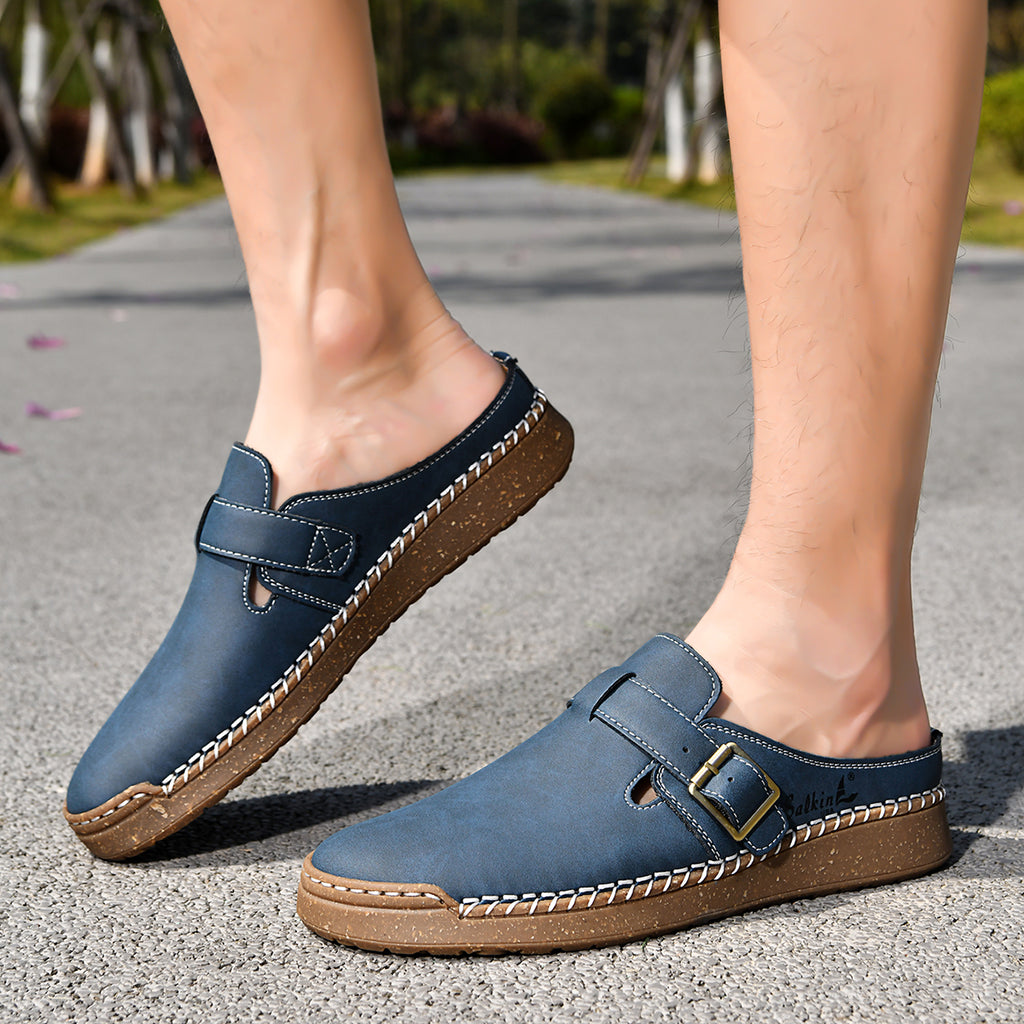 Men's Genuine Leather Sandals - Slip-On, Breathable, Wide Toe Box with Arch Support