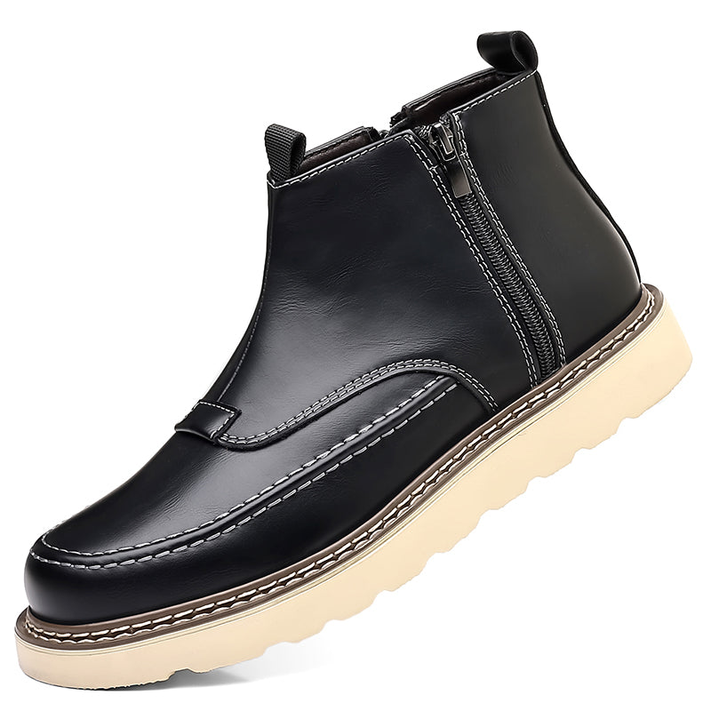 Men's Genuine Leather Casual Boots - Side Zipper, Waterproof, Wide Toe Box with Arch Support