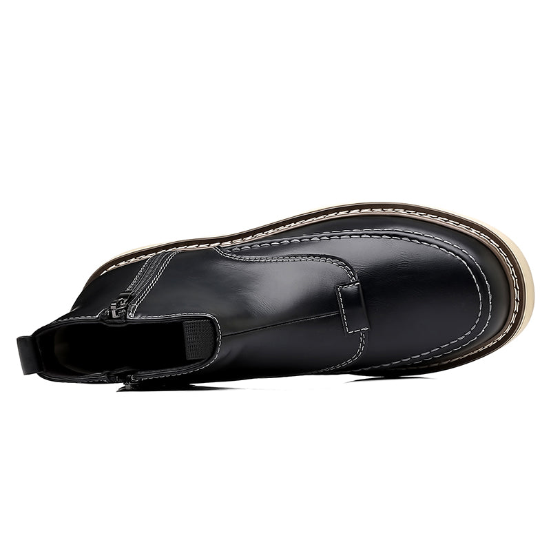 Men's Genuine Leather Casual Boots - Side Zipper, Waterproof, Wide Toe Box with Arch Support