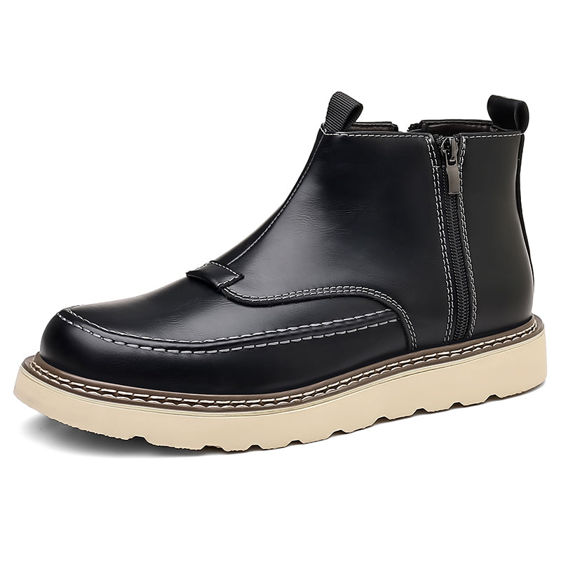 Men's Genuine Leather Casual Boots - Side Zipper, Waterproof, Wide Toe Box with Arch Support