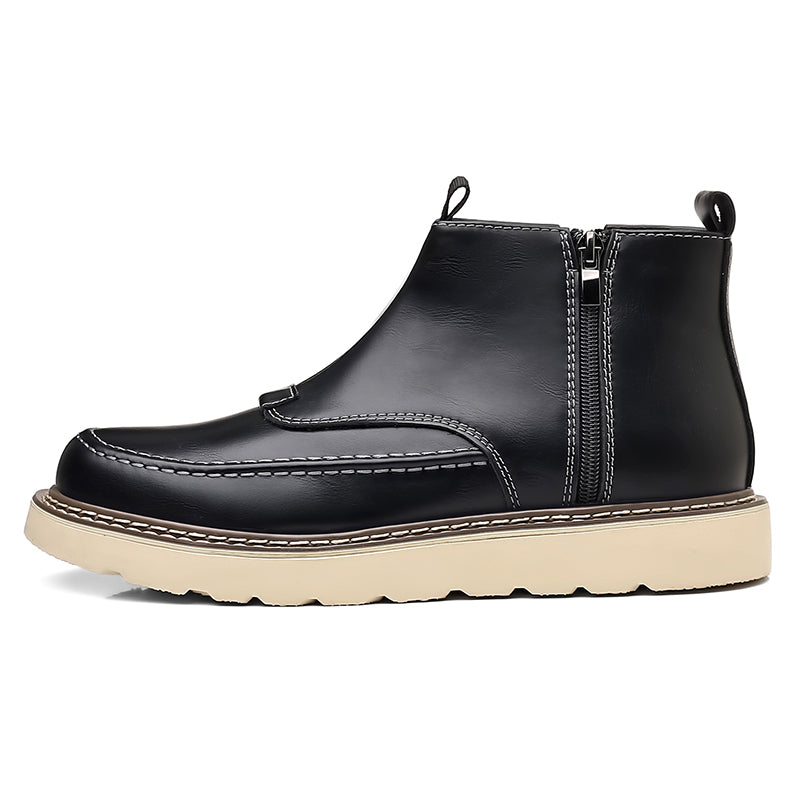 Men's Genuine Leather Casual Boots - Side Zipper, Waterproof, Wide Toe Box with Arch Support
