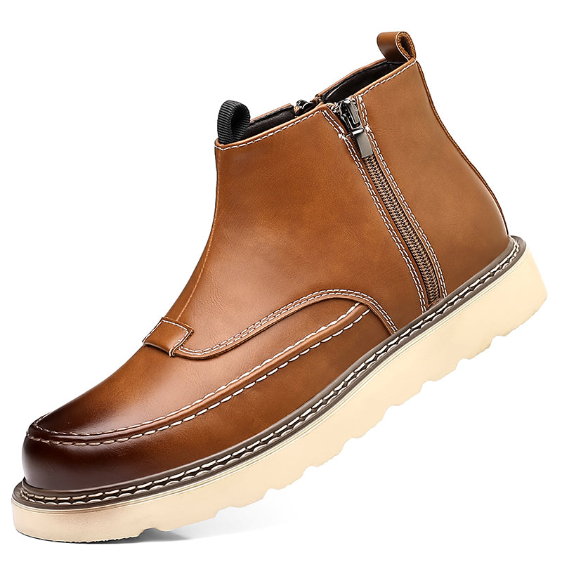 Men's Genuine Leather Casual Boots - Side Zipper, Waterproof, Wide Toe Box with Arch Support