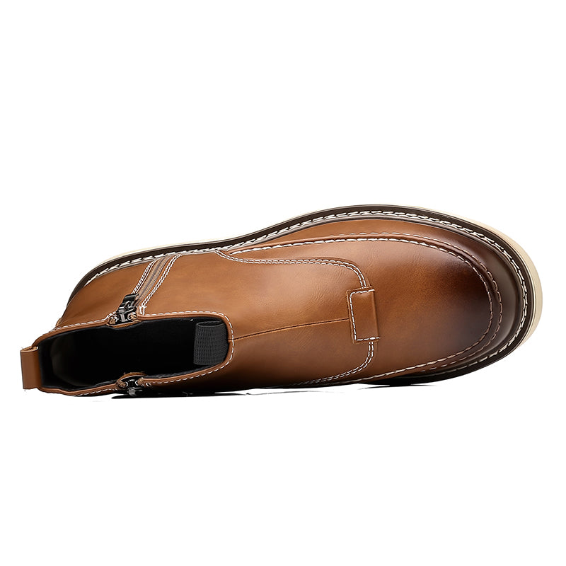 Men's Genuine Leather Casual Boots - Side Zipper, Waterproof, Wide Toe Box with Arch Support