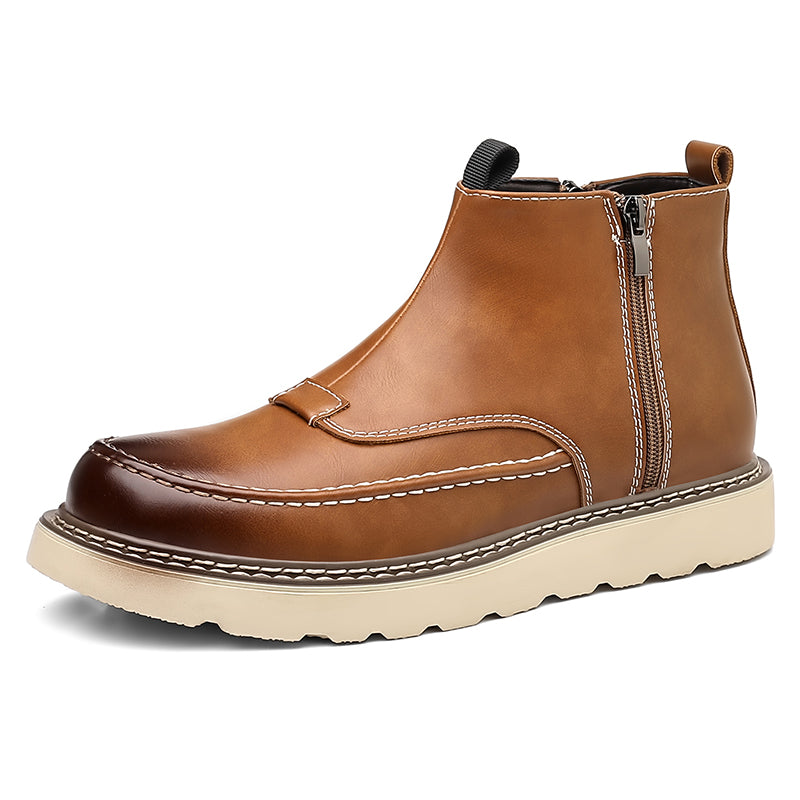 Men's Genuine Leather Casual Boots - Side Zipper, Waterproof, Wide Toe Box with Arch Support