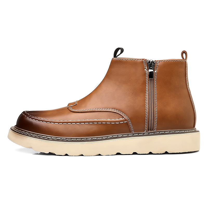 Men's Genuine Leather Casual Boots - Side Zipper, Waterproof, Wide Toe Box with Arch Support