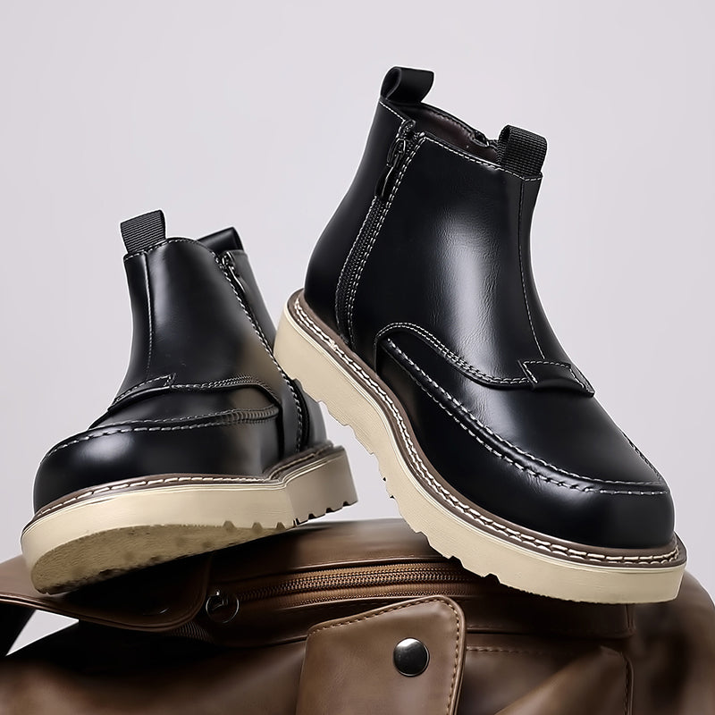 Men's Genuine Leather Casual Boots - Side Zipper, Waterproof, Wide Toe Box with Arch Support