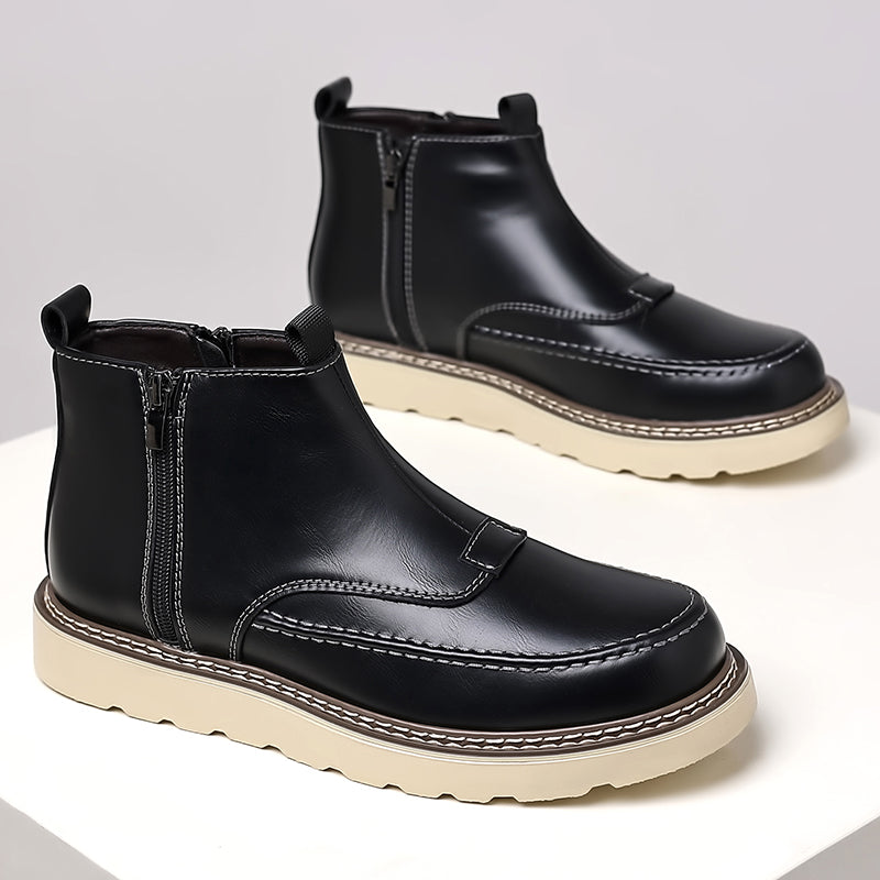 Men's Genuine Leather Casual Boots - Side Zipper, Waterproof, Wide Toe Box with Arch Support