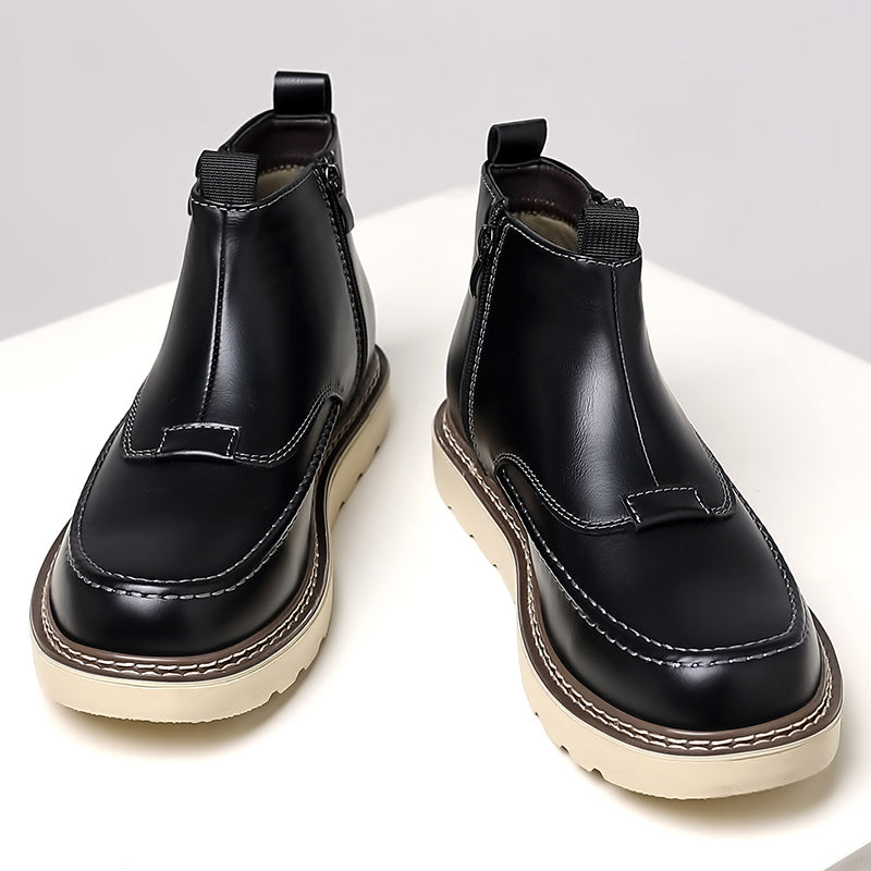 Men's Genuine Leather Casual Boots - Side Zipper, Waterproof, Wide Toe Box with Arch Support