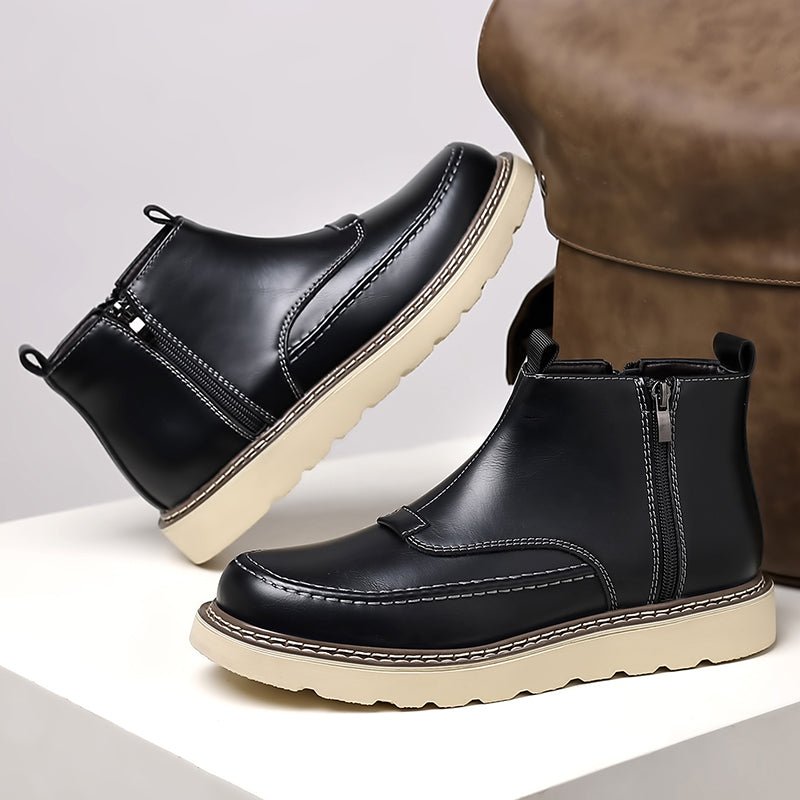 Men's Genuine Leather Casual Boots - Side Zipper, Waterproof, Wide Toe Box with Arch Support