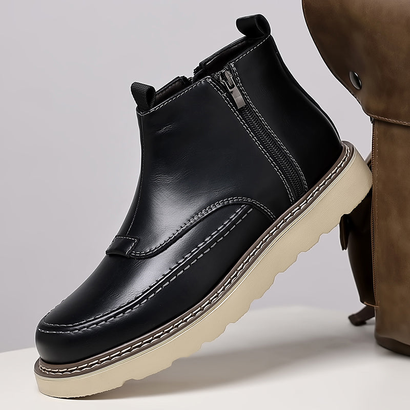 Men's Genuine Leather Casual Boots - Side Zipper, Waterproof, Wide Toe Box with Arch Support