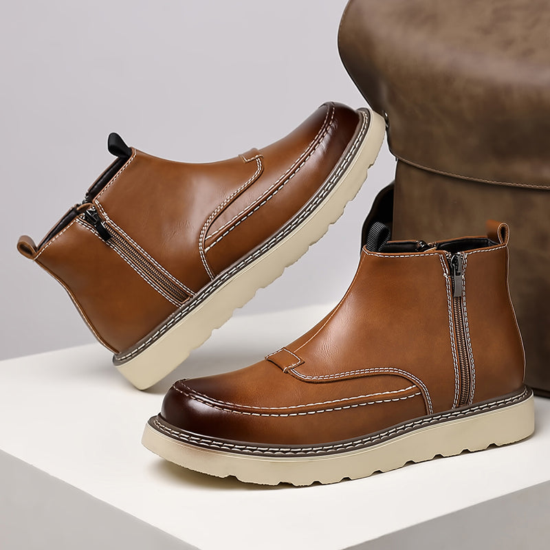 Men's Genuine Leather Casual Boots - Side Zipper, Waterproof, Wide Toe Box with Arch Support