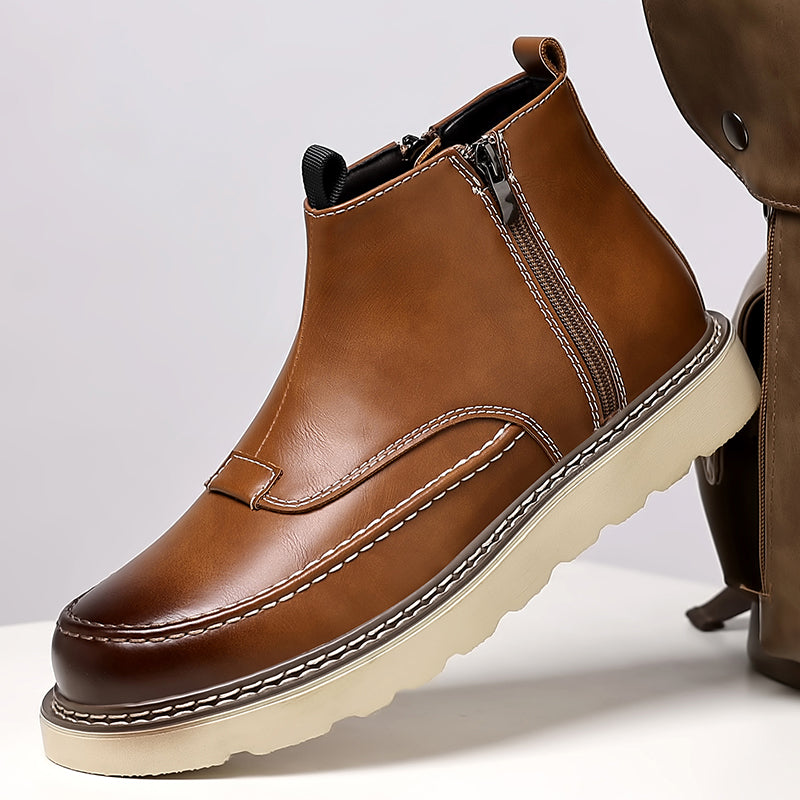 Men's Genuine Leather Casual Boots - Side Zipper, Waterproof, Wide Toe Box with Arch Support