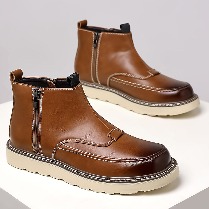 Men's Genuine Leather Casual Boots - Side Zipper, Waterproof, Wide Toe Box with Arch Support