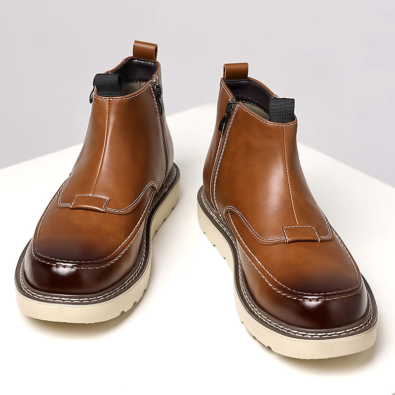 Men's Genuine Leather Casual Boots - Side Zipper, Waterproof, Wide Toe Box with Arch Support
