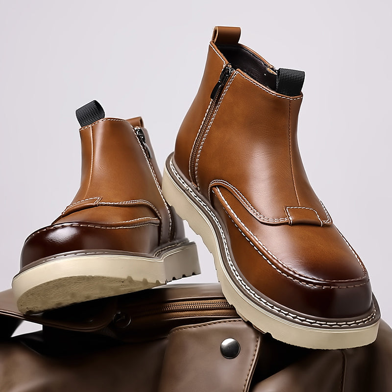 Men's Genuine Leather Casual Boots - Side Zipper, Waterproof, Wide Toe Box with Arch Support