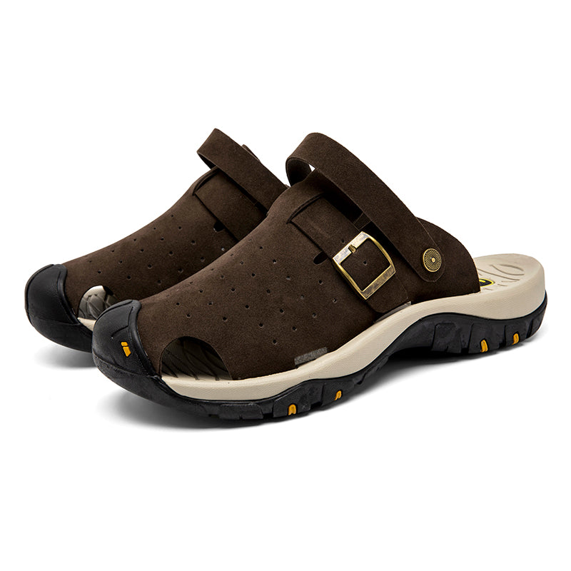 Men's Genuine Leather Sandals - Slip-On, Breathable, Wide Toe Box with Arch Support