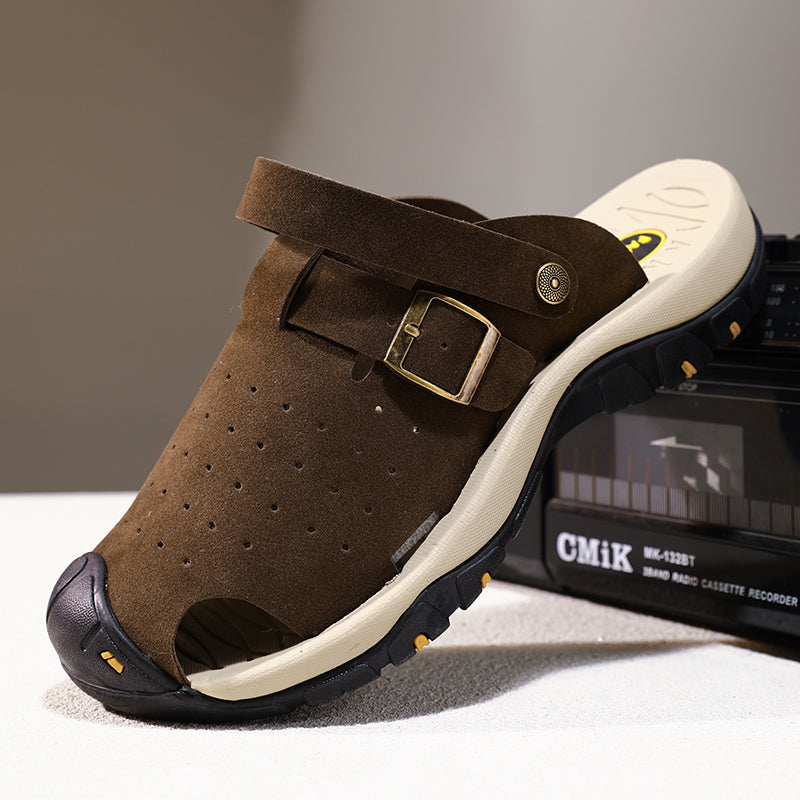 Men's Genuine Leather Sandals - Slip-On, Breathable, Wide Toe Box with Arch Support
