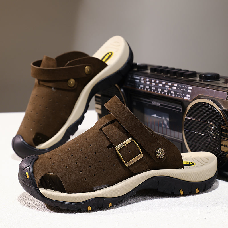 Men's Genuine Leather Sandals - Slip-On, Breathable, Wide Toe Box with Arch Support