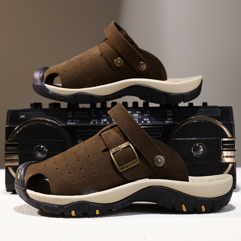 Men's Genuine Leather Sandals - Slip-On, Breathable, Wide Toe Box with Arch Support