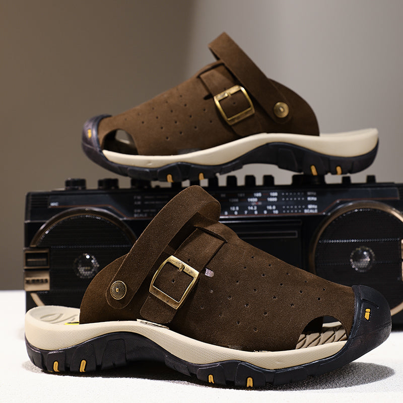 Men's Genuine Leather Sandals - Slip-On, Breathable, Wide Toe Box with Arch Support