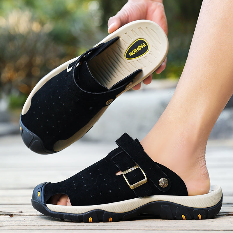 Men's Genuine Leather Sandals - Slip-On, Breathable, Wide Toe Box with Arch Support