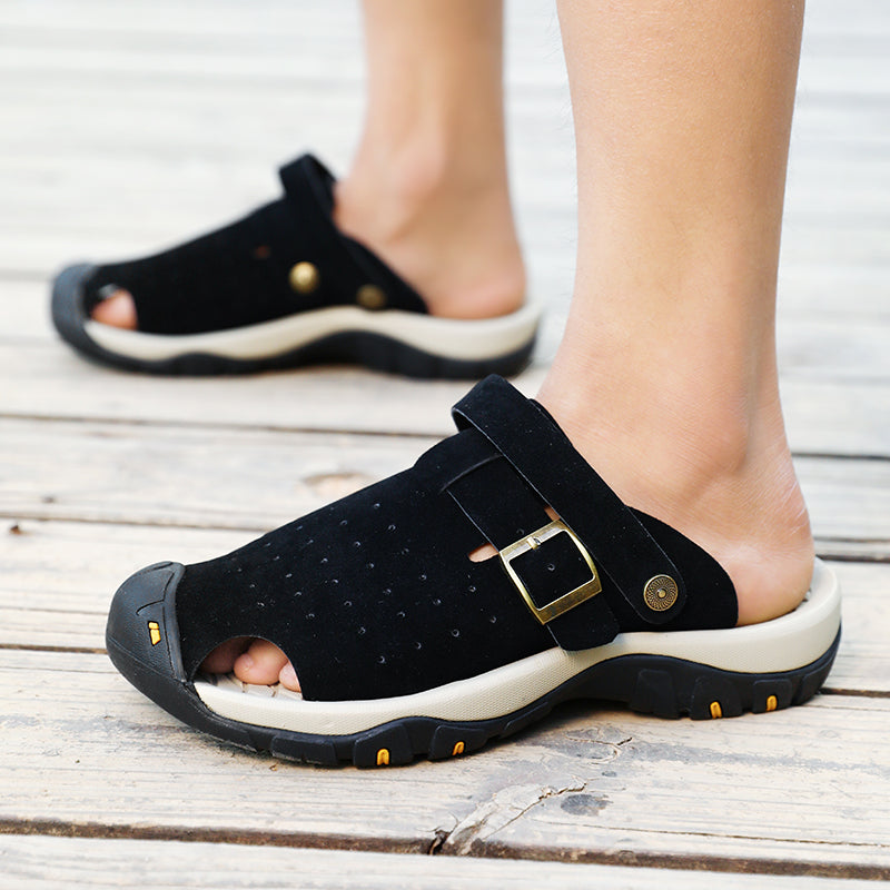 Men's Genuine Leather Sandals - Slip-On, Breathable, Wide Toe Box with Arch Support