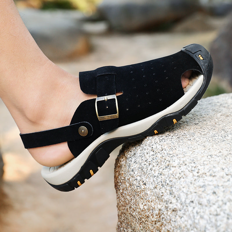 Men's Genuine Leather Sandals - Slip-On, Breathable, Wide Toe Box with Arch Support