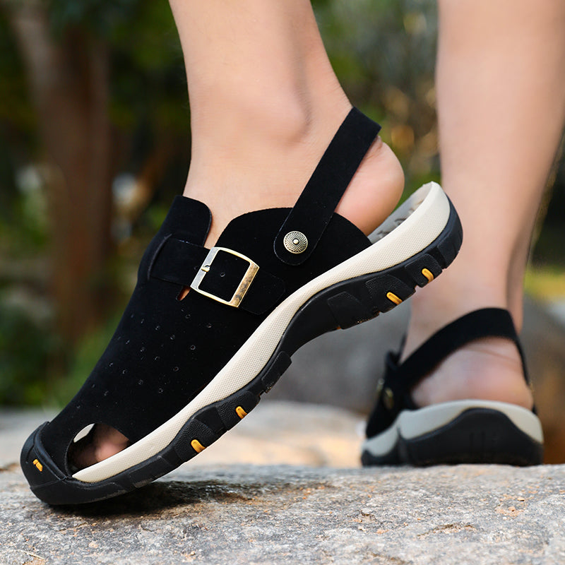 Men's Genuine Leather Sandals - Slip-On, Breathable, Wide Toe Box with Arch Support