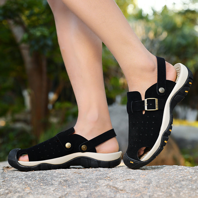 Men's Genuine Leather Sandals - Slip-On, Breathable, Wide Toe Box with Arch Support