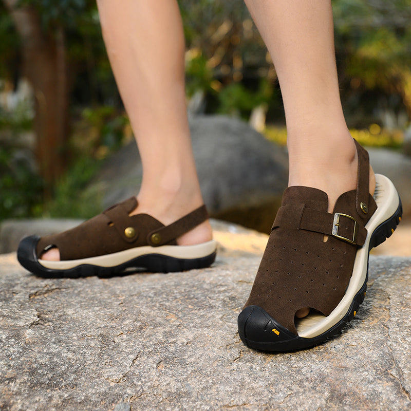 Men's Genuine Leather Sandals - Slip-On, Breathable, Wide Toe Box with Arch Support