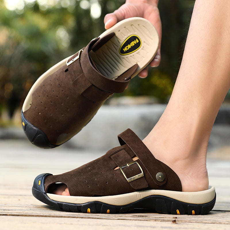 Men's Genuine Leather Sandals - Slip-On, Breathable, Wide Toe Box with Arch Support