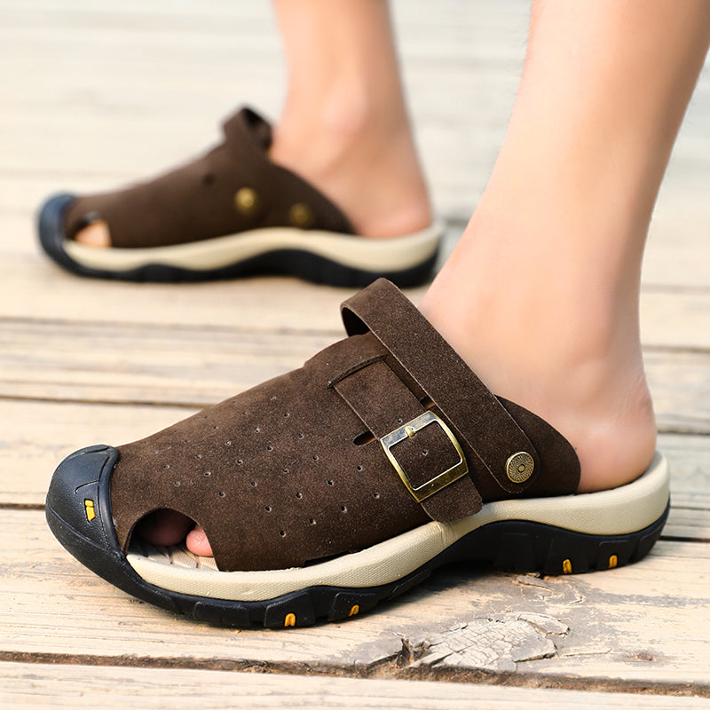 Men's Genuine Leather Sandals - Slip-On, Breathable, Wide Toe Box with Arch Support