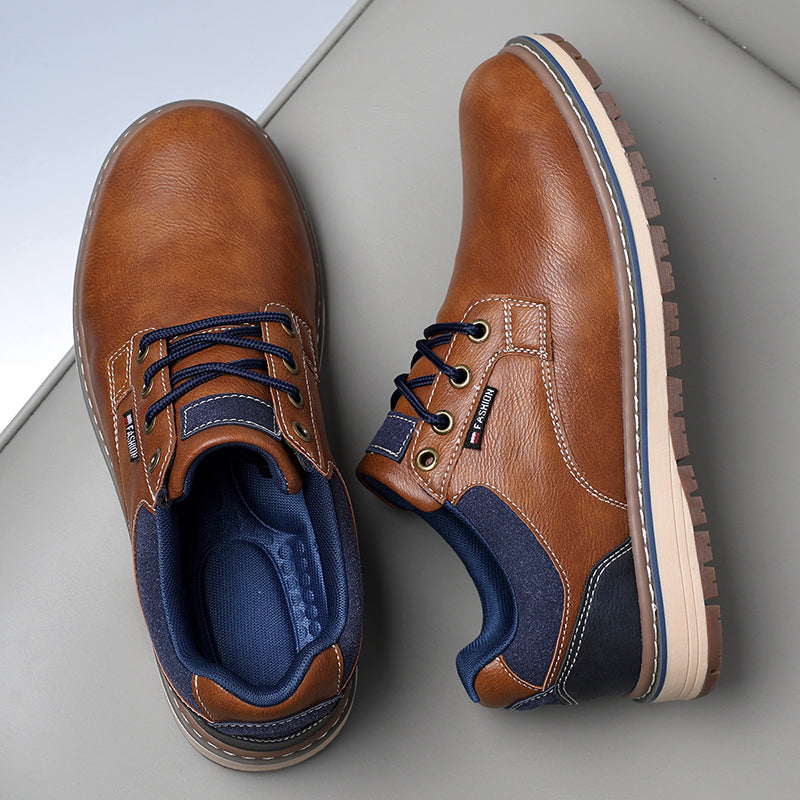 Men's Genuine Leather Casual Boots - Lace-Up, Waterproof, Wide Toe Box with Arch Support