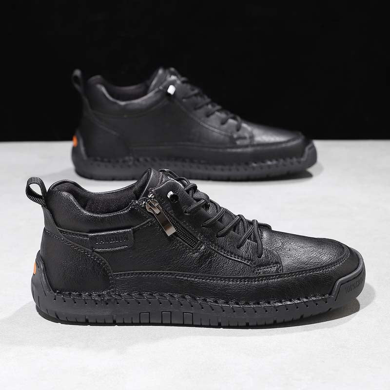 Men's Genuine Leather Casual Mid top shoes - Side Zipper, Waterproof, Wide Toe Box with Arch Support