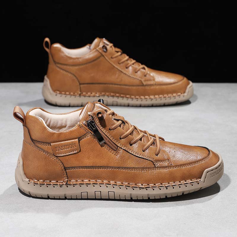 Men's Genuine Leather Casual Mid top shoes - Side Zipper, Waterproof, Wide Toe Box with Arch Support